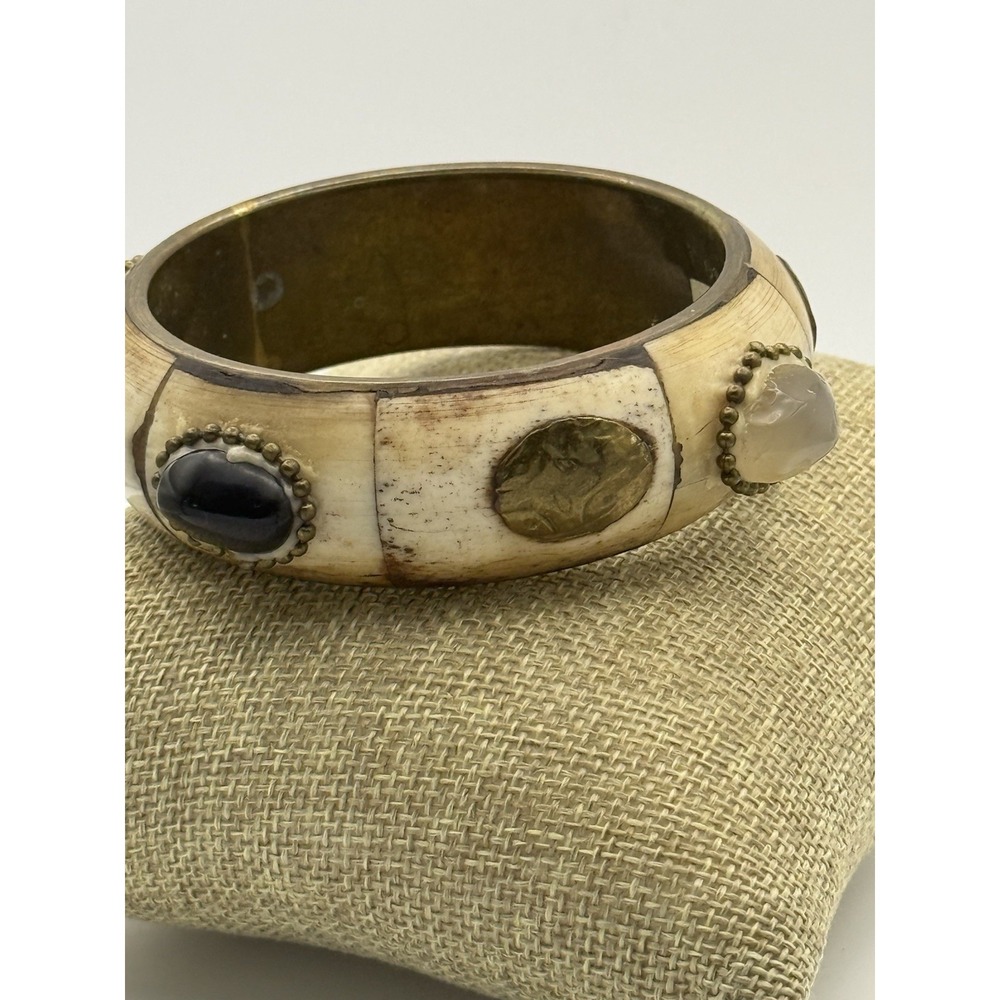 Vintage 70s Boho Wide Bangle Bracelet Brass Cabochon Tribal Cuff